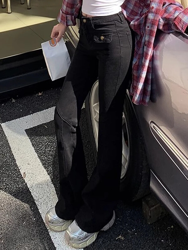 Naine Uued kõrge vöökohaga moes laiadega teksad Naised Slim Fit Disainer Denim Bell Bottom püksid Tüdrukud Retrosinised mustad hallid püksid