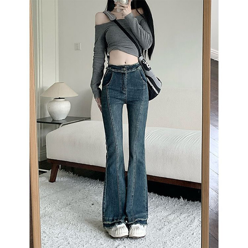 150 Petite girls kergelt laienevad toore servaga teksad naistele, sügisene disain, kõrge vöökoht, salenevad, kitsad hobuse kabjapüksid xs, ta