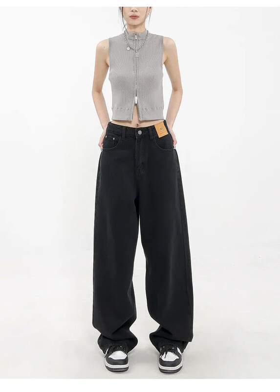 Kevadised mustad kottis sirged teksad naiste ülisuured teksapüksid X kõrge vöökohaga laia säärega teksapüksid naistele lahtised teksapüksid Y2K