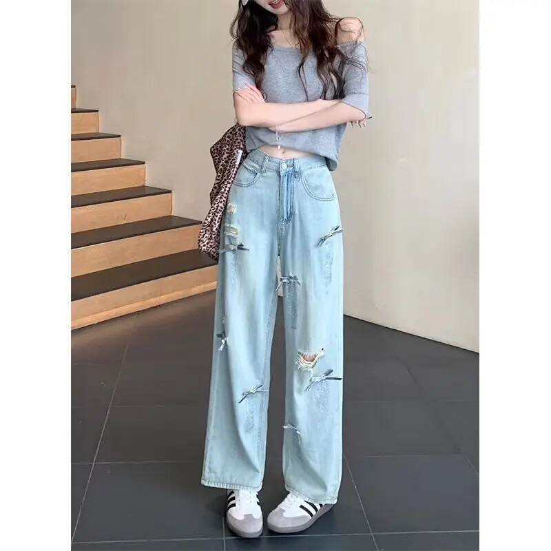 2024. aasta uued salendavad kõrge vöökohaga teksad Naiste litritega vibu, lõhestatud disain mõistliku kellukesega põhjaga, mitmekülgse drapeeritud disainiga teksapüksid