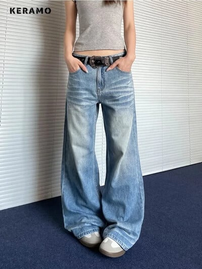 Y2K Pantaloni largi, punk, largi, albaștri, denim, pantaloni de vară 2024, ocazional pentru femei, blugi Harajuku, pantaloni largi, spălați, estetici vintage