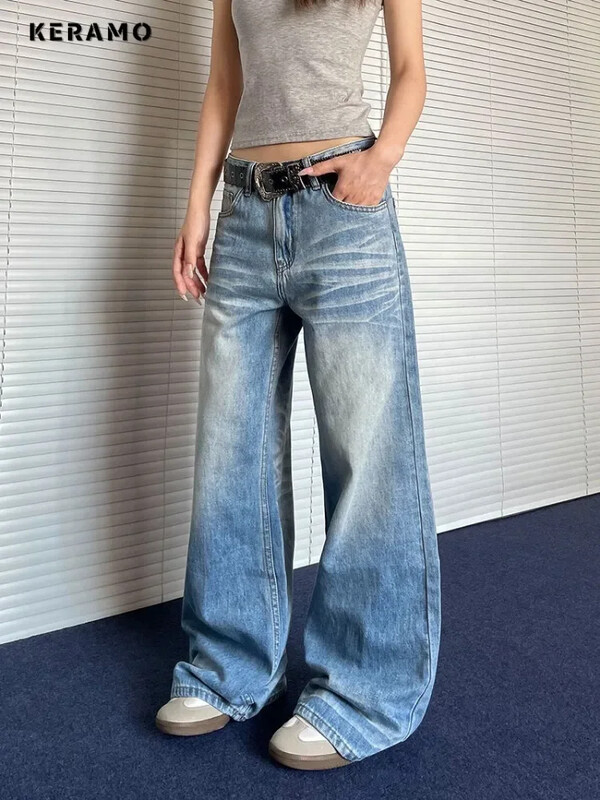 Y2K laia säärega Punk kottis sinine teksapüksid 2024 suvised naiste vabaaja Harajuku teksad Vintage esteetilised Emo lahtised pestud püksid