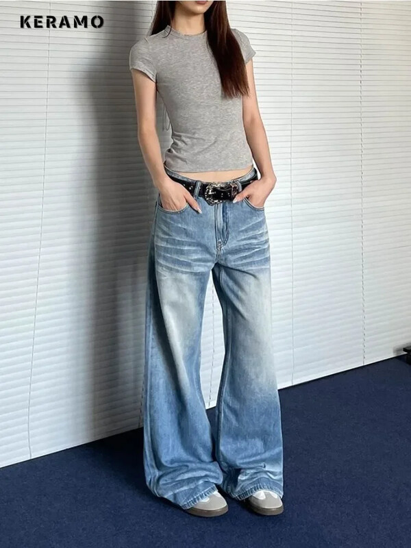 Y2K laia säärega Punk kottis sinine teksapüksid 2024 suvised naiste vabaaja Harajuku teksad Vintage esteetilised Emo lahtised pestud püksid