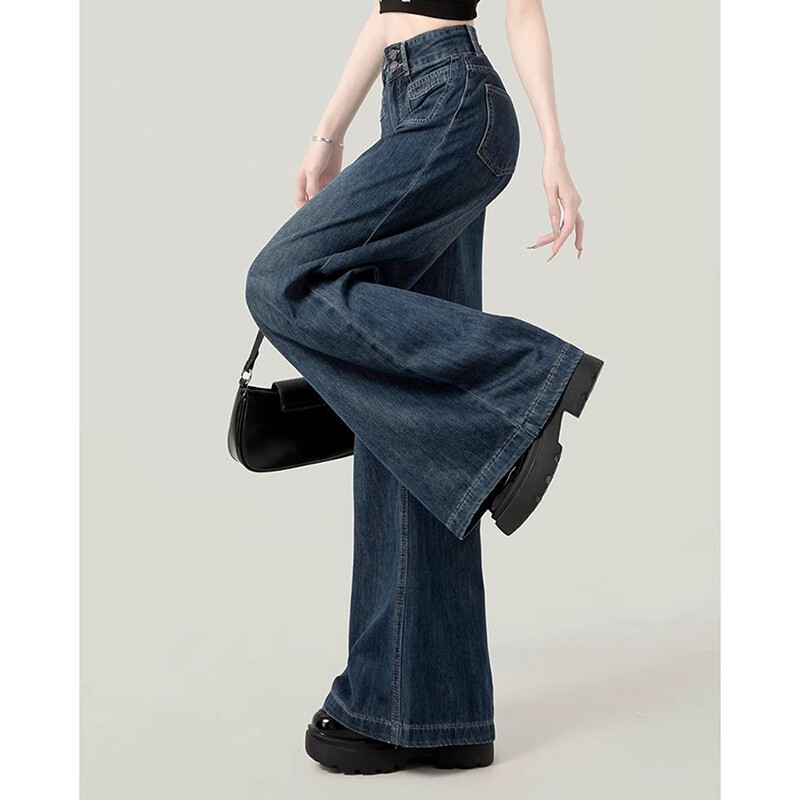 Tamsiai mėlyni džinsai moteriški aukštu juosmeniu vintažiniai laisvi palaidi Harajuku kelnės su plačiomis kojomis Y2K korėjietiškos kišenės High Street moteriškas džinsas