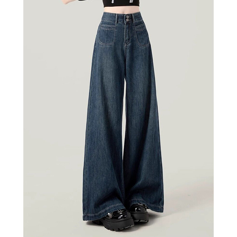 Tamsiai mėlyni džinsai moteriški aukštu juosmeniu vintažiniai laisvi palaidi Harajuku kelnės su plačiomis kojomis Y2K korėjietiškos kišenės High Street moteriškas džinsas