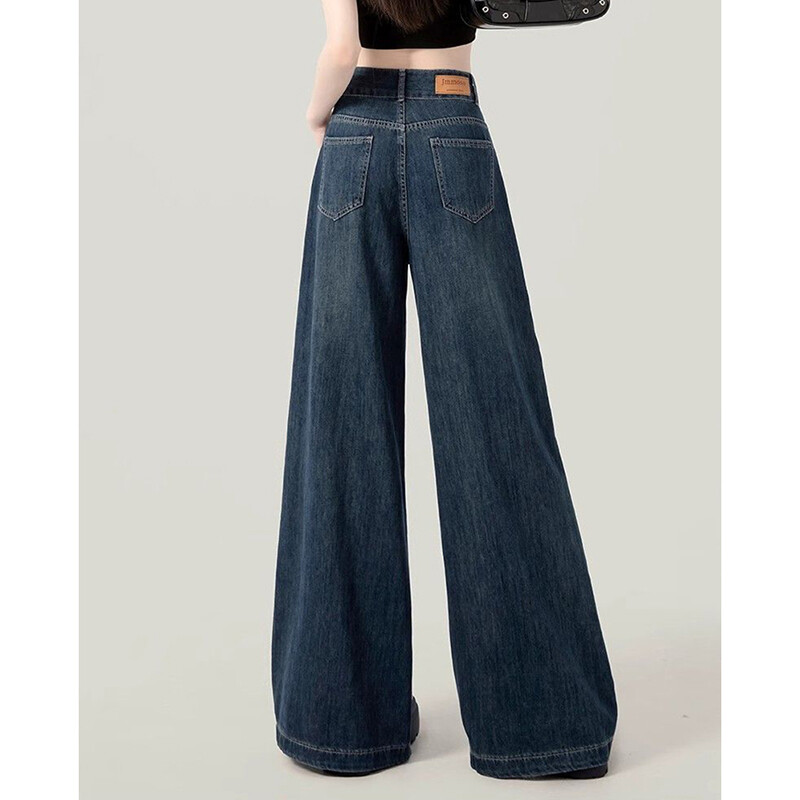 Tamsiai mėlyni džinsai moteriški aukštu juosmeniu vintažiniai laisvi palaidi Harajuku kelnės su plačiomis kojomis Y2K korėjietiškos kišenės High Street moteriškas džinsas