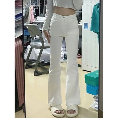 Baltos tiesios kojos džinsai moteriškos aukštu juosmeniu elastingos liekninančios kelnės Microflare juosmens linija susmulkinti antblauzdžiai mada