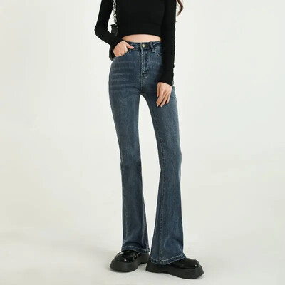 Baltos tiesios kojos džinsai moteriškos aukštu juosmeniu elastingos liekninančios kelnės Microflare juosmens linija susmulkinti antblauzdžiai mada