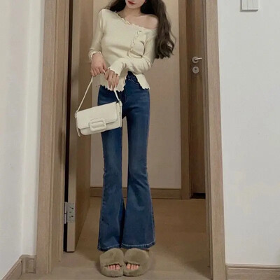 Baltos tiesios kojos džinsai moteriškos aukštu juosmeniu elastingos liekninančios kelnės Microflare juosmens linija susmulkinti antblauzdžiai mada