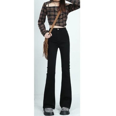 Baltos tiesios kojos džinsai moteriškos aukštu juosmeniu elastingos liekninančios kelnės Microflare juosmens linija susmulkinti antblauzdžiai mada