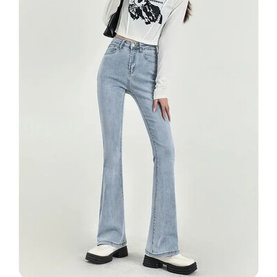 Baltos tiesios kojos džinsai moteriškos aukštu juosmeniu elastingos liekninančios kelnės Microflare juosmens linija susmulkinti antblauzdžiai mada