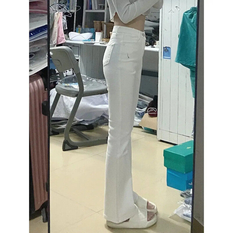 Baltos tiesios kojos džinsai moteriškos aukštu juosmeniu elastingos liekninančios kelnės Microflare juosmens linija susmulkinti antblauzdžiai mada