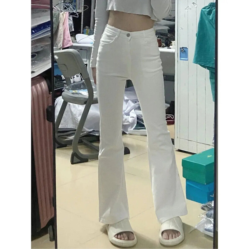 Baltos tiesios kojos džinsai moteriškos aukštu juosmeniu elastingos liekninančios kelnės Microflare juosmens linija susmulkinti antblauzdžiai mada