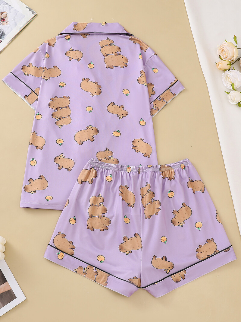 Ljubičasta pozadina, slatki kapibara kardigan ženski komplet za spavanje, majica kratkih rukava i široke hlače, udobna ženska odjeća za spavanje