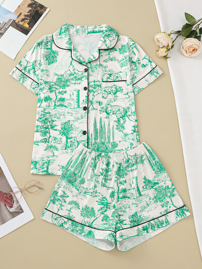 Natūralaus gyvūno rašto pižamų rinkinys, patogus trumpomis rankovėmis atvartas ir moteriški šortai su elastiniu juosmeniu