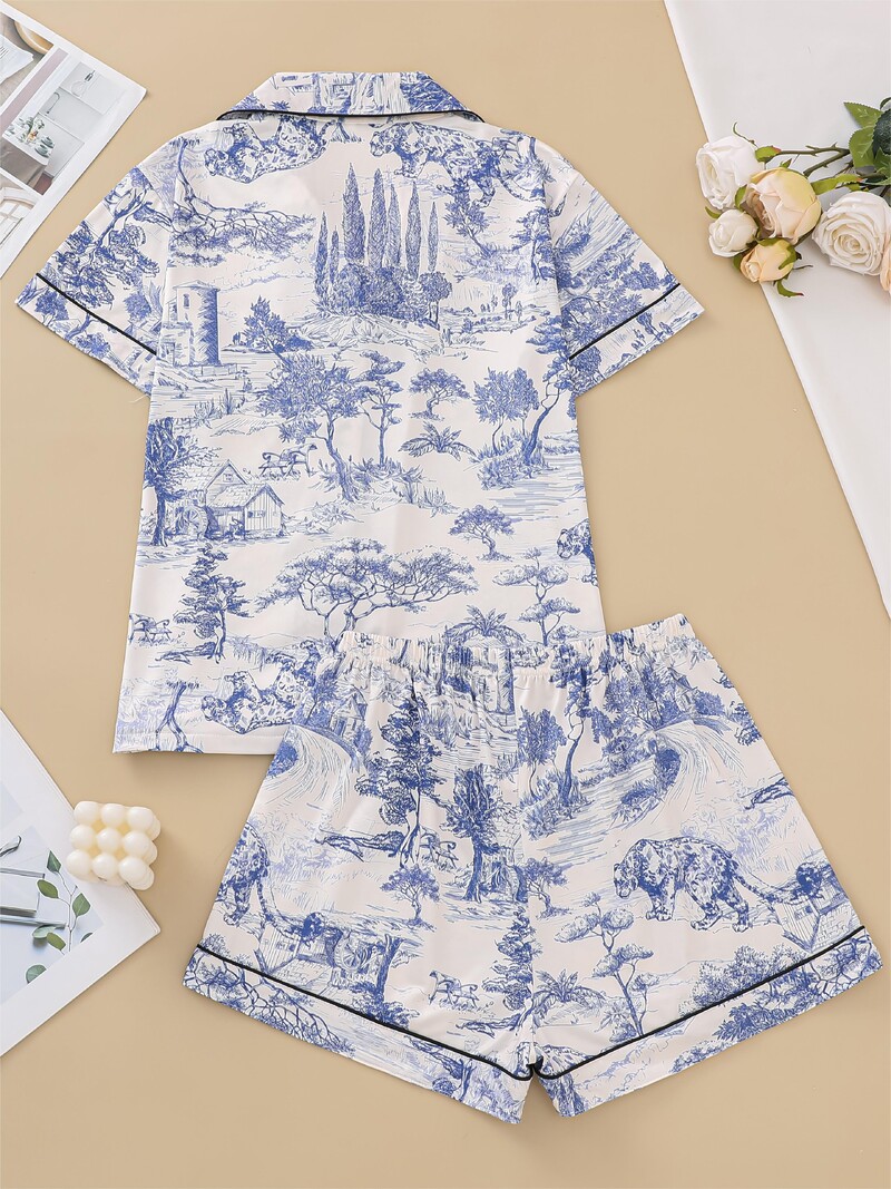 Natūralaus gyvūno rašto pižamų rinkinys, patogus trumpomis rankovėmis atvartas ir moteriški šortai su elastiniu juosmeniu