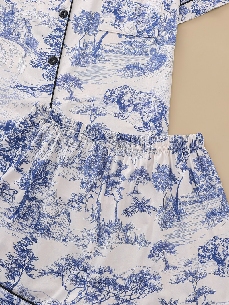 Natūralaus gyvūno rašto pižamų rinkinys, patogus trumpomis rankovėmis atvartas ir moteriški šortai su elastiniu juosmeniu