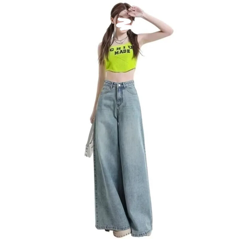 Amerikāņu stila vintage sieviešu džinsi ar augstu vidukli, brīvi pieguļoši novājēšanas drapēti zvana apakšas rudens jaunums