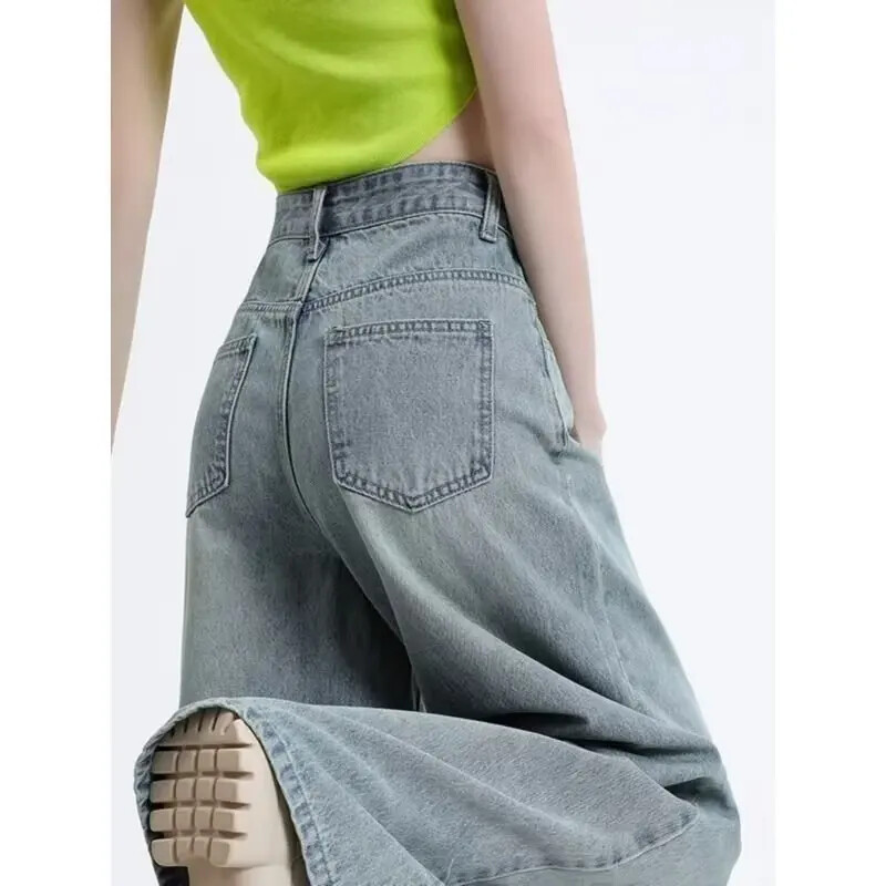 Amerikāņu stila vintage sieviešu džinsi ar augstu vidukli, brīvi pieguļoši novājēšanas drapēti zvana apakšas rudens jaunums