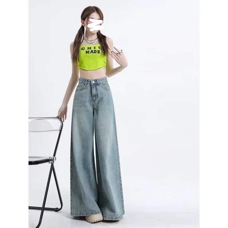 Amerikāņu stila vintage sieviešu džinsi ar augstu vidukli, brīvi pieguļoši novājēšanas drapēti zvana apakšas rudens jaunums