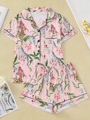 Laisvalaikio gėlėmis tigro raštais moteriškų miego drabužių komplektas megztinis trumpomis rankovėmis ir laisvi šortai patogūs moteriški miego drabužiai