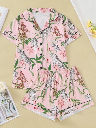 Laisvalaikio gėlėmis tigro raštais moteriškų miego drabužių komplektas megztinis trumpomis rankovėmis ir laisvi šortai patogūs moteriški miego drabužiai