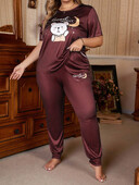 2-osaline ülisuurte naiste pidžaamade ja kodurõivaste komplekt vabaaja trükitud punase lühikeste varrukatega topi ja pükstega