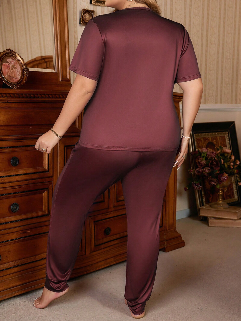 2-osaline ülisuurte naiste pidžaamade ja kodurõivaste komplekt vabaaja trükitud punase lühikeste varrukatega topi ja pükstega