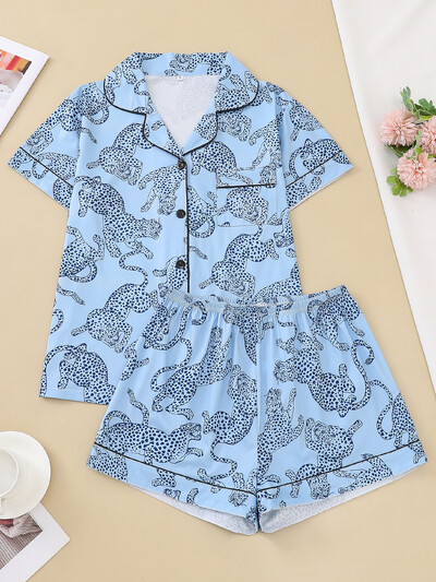 Vabaaja roosa leopardimustriline pidžaamakomplekt naistele revääriga lühikeste varrukatega topp ja kottis lühikesed püksid, naiste puhkeriided