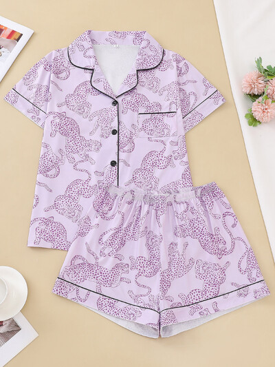 Vabaaja roosa leopardimustriline pidžaamakomplekt naistele revääriga lühikeste varrukatega topp ja kottis lühikesed püksid, naiste puhkeriided