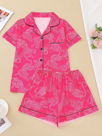 Vabaaja roosa leopardimustriline pidžaamakomplekt naistele revääriga lühikeste varrukatega topp ja kottis lühikesed püksid, naiste puhkeriided