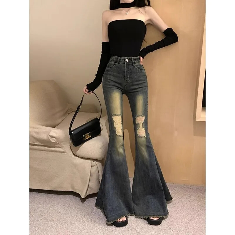 Vintage gradientvärviga Kõrge vöökohaga teksapüksid naiste sügis/talv venivad narmastega püksid. Mõistlik disain.