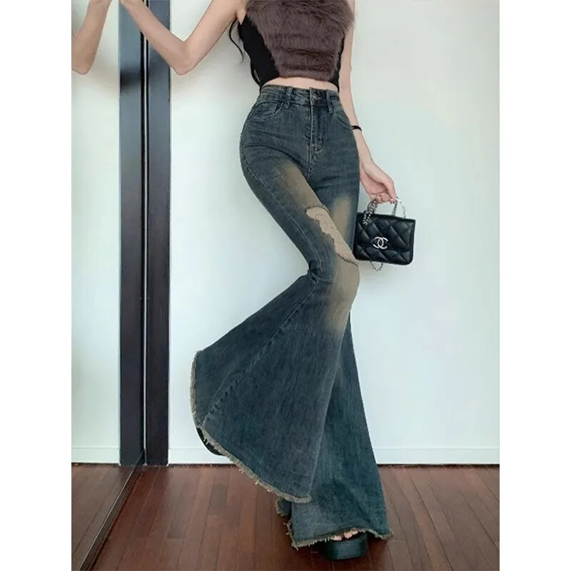 Vintage gradientvärviga Kõrge vöökohaga teksapüksid naiste sügis/talv venivad narmastega püksid. Mõistlik disain.