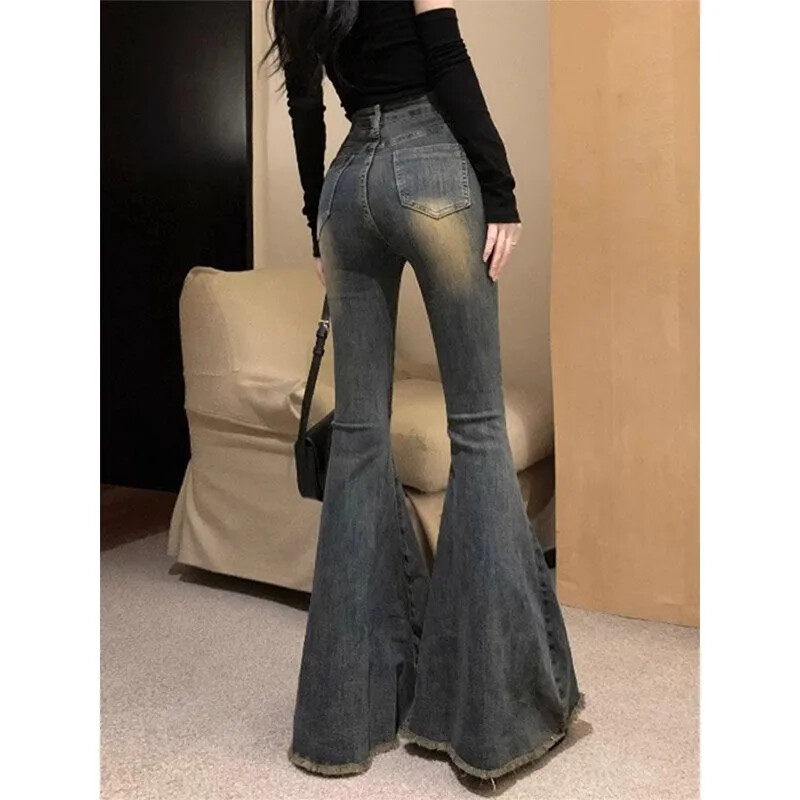 Vintage gradientvärviga Kõrge vöökohaga teksapüksid naiste sügis/talv venivad narmastega püksid. Mõistlik disain.