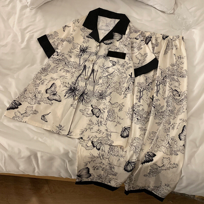 Armsad suvised pitsilised pidžaamad naiste pikkade varrukatega simulatsioon siidist kaheosaline komplekt Koduriided Soodsalt hulgi akvarellmaalid