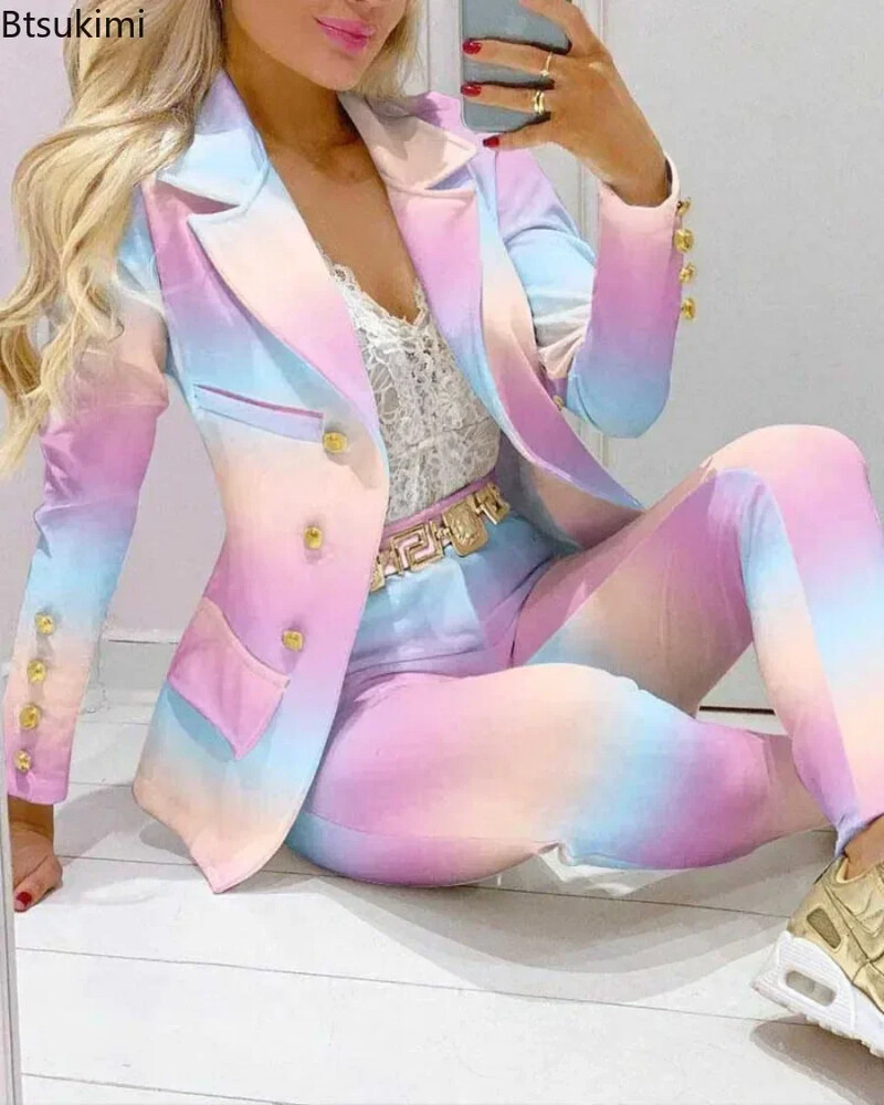 2025. aasta naiste pidulik pintsak ja püksid kontorinaiste komplektid naiste sügisrõivad, kaheosaline komplekt, prindiga bleisermantel ja püksid, ülikonnakomplektid naistele