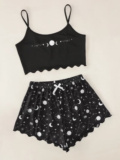 Set de pijamale de vară pentru femei Set de pijamale și pantaloni scurți fără mâneci cu imprimeu Star Moon.