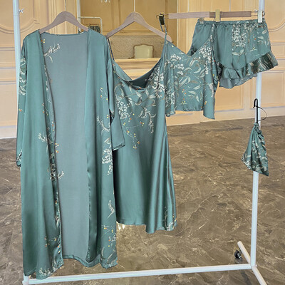 Set pijamale cu 5 bucăți cu imprimeu floral Robă cu mânecă lungă + rochie cu camis + top cu camis + pantaloni scurți cu tiv cu volan Îmbrăcăminte de noapte pentru femei