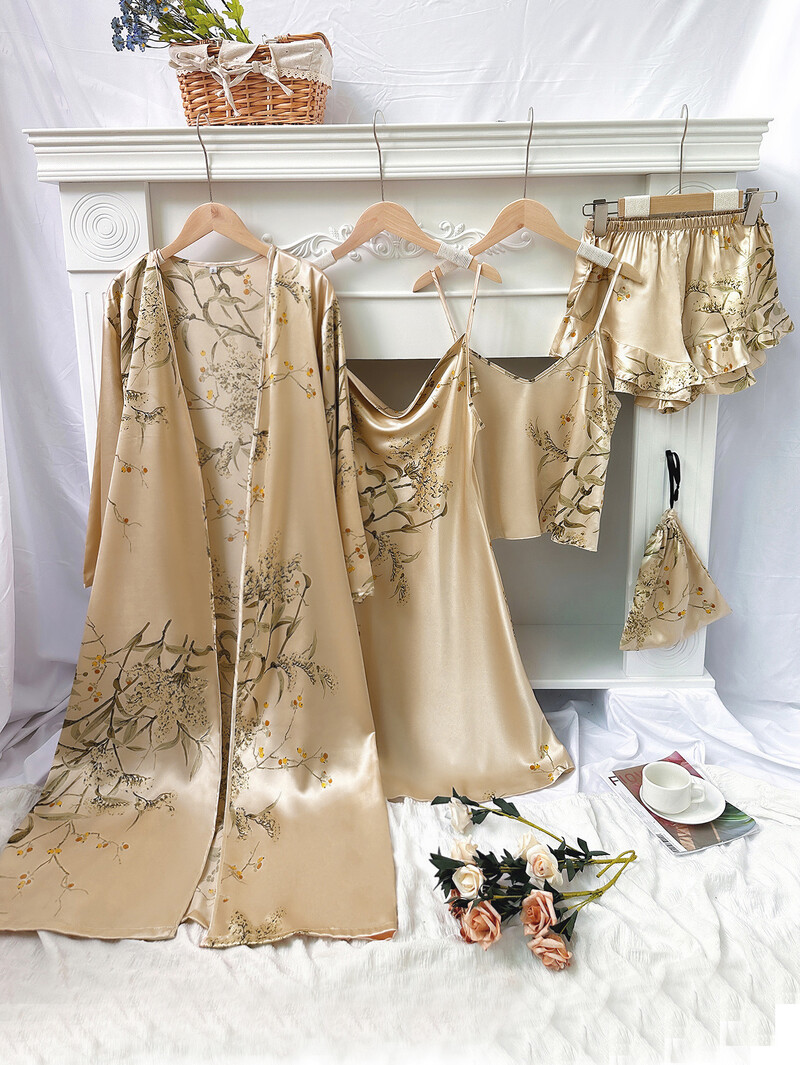 5tk Lilleprintiga pidžaamakomplekt pikkade varrukatega rüü + Cami kleit + Cami top + volangidega ääris lühikesed püksid naiste puhkeriided magamisriided