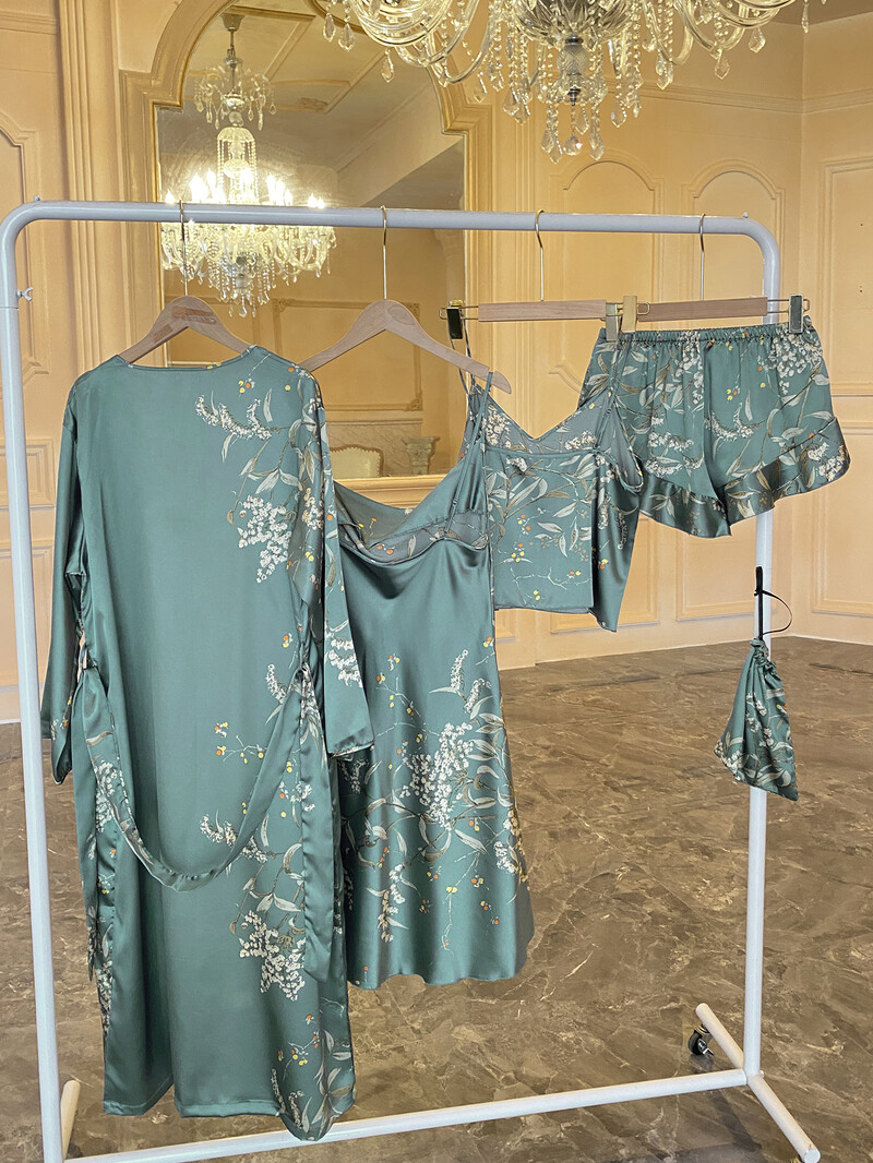 5tk Lilleprintiga pidžaamakomplekt pikkade varrukatega rüü + Cami kleit + Cami top + volangidega ääris lühikesed püksid naiste puhkeriided magamisriided