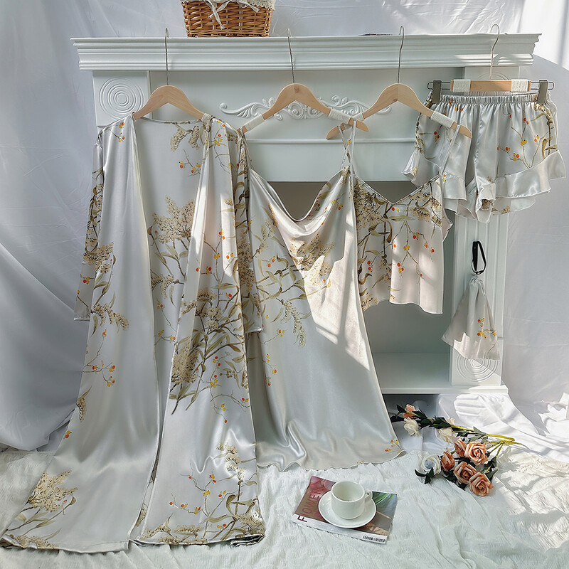 5tk Lilleprintiga pidžaamakomplekt pikkade varrukatega rüü + Cami kleit + Cami top + volangidega ääris lühikesed püksid naiste puhkeriided magamisriided