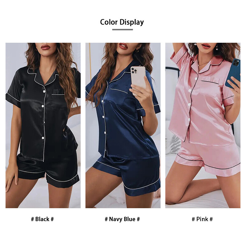 Naiste siidist satiinist pidžaamakomplekt, kaheosaline Pj-komplektid, magamisriided, puhkeriided, nööbiga pidžaama, naiste 2-osaline pidžaama koduriiete lühikeste pükste komplekt