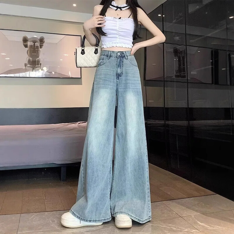 Vintage laia säärega teksad naiste sügisesed kõrge vöökohaga salendavad lahtised pesud Big Swoop Skort säärised vabaaja püksid