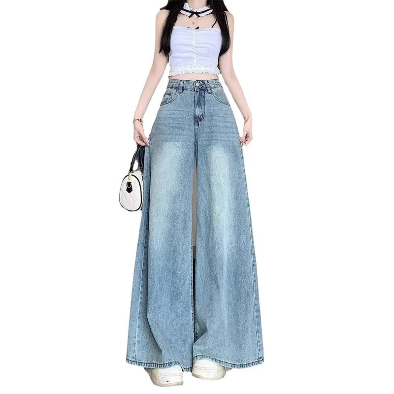 Vintage laia säärega teksad naiste sügisesed kõrge vöökohaga salendavad lahtised pesud Big Swoop Skort säärised vabaaja püksid