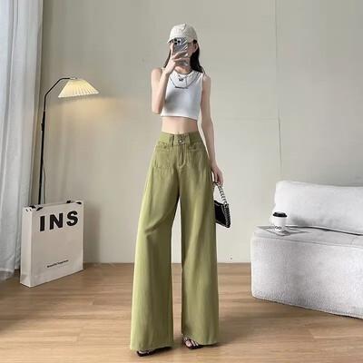 Kõrge vöökohaga salendavad sirge säärega teksapüksid naiste suvised drapeeritud pikendatud säärepikkusega, lahtised, lohistatavad püksid trendikad