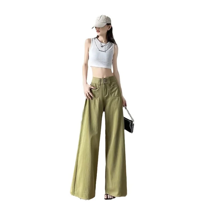 Kõrge vöökohaga salendavad sirge säärega teksapüksid naiste suvised drapeeritud pikendatud säärepikkusega, lahtised, lohistatavad püksid trendikad