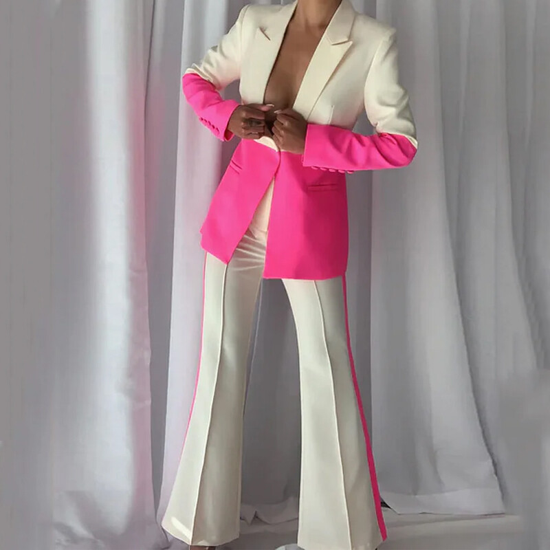 Wefads Sügisene kaheosaline komplekt Naiste kontorimood, pikkade varrukatega revääriga, värvilise õmblusega ülaosa, lahtised sirged pükste komplektid