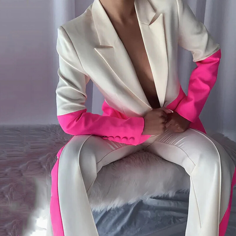 Wefads Sügisene kaheosaline komplekt Naiste kontorimood, pikkade varrukatega revääriga, värvilise õmblusega ülaosa, lahtised sirged pükste komplektid