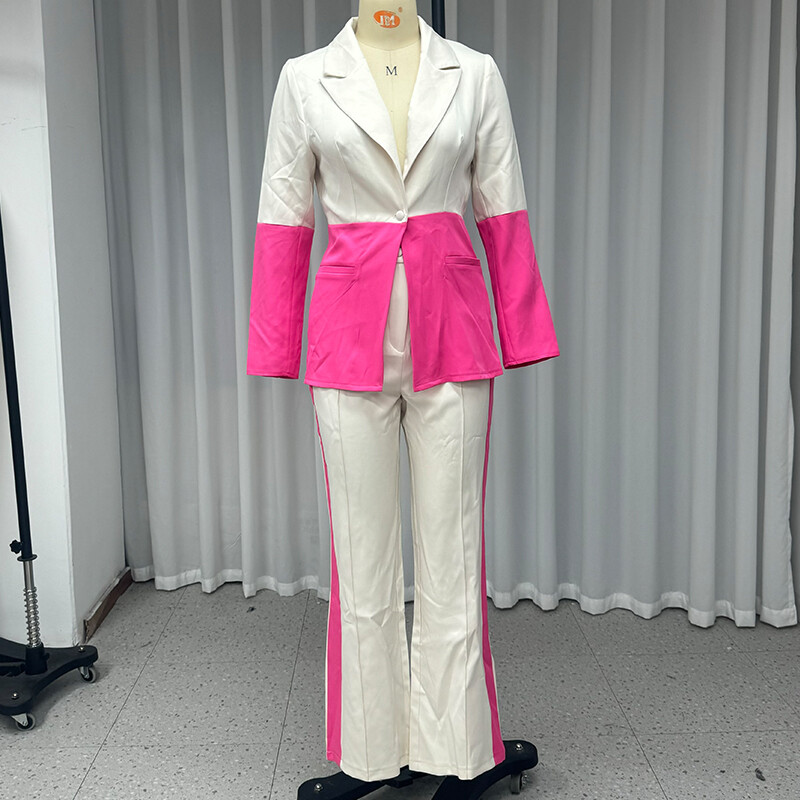 Wefads Sügisene kaheosaline komplekt Naiste kontorimood, pikkade varrukatega revääriga, värvilise õmblusega ülaosa, lahtised sirged pükste komplektid