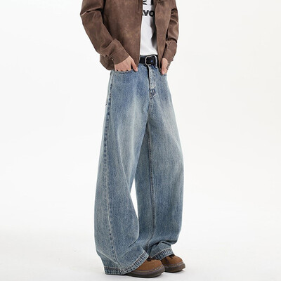 Meeste teksapüksid hip-hop teksad Klassikalised sinised pestud meeste teksad, sirged vabaaja meesterõivad, laia säärega püksid 2025, uus mood